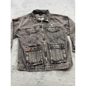 The Wild Collective Texas Longhorns Grey Acid Wash Denim Zip Jacket Mens L NEW